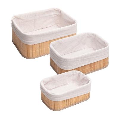 Conjunto 3 Cestos Retangulares De Bambu Com Forro Em Tecido Lyor