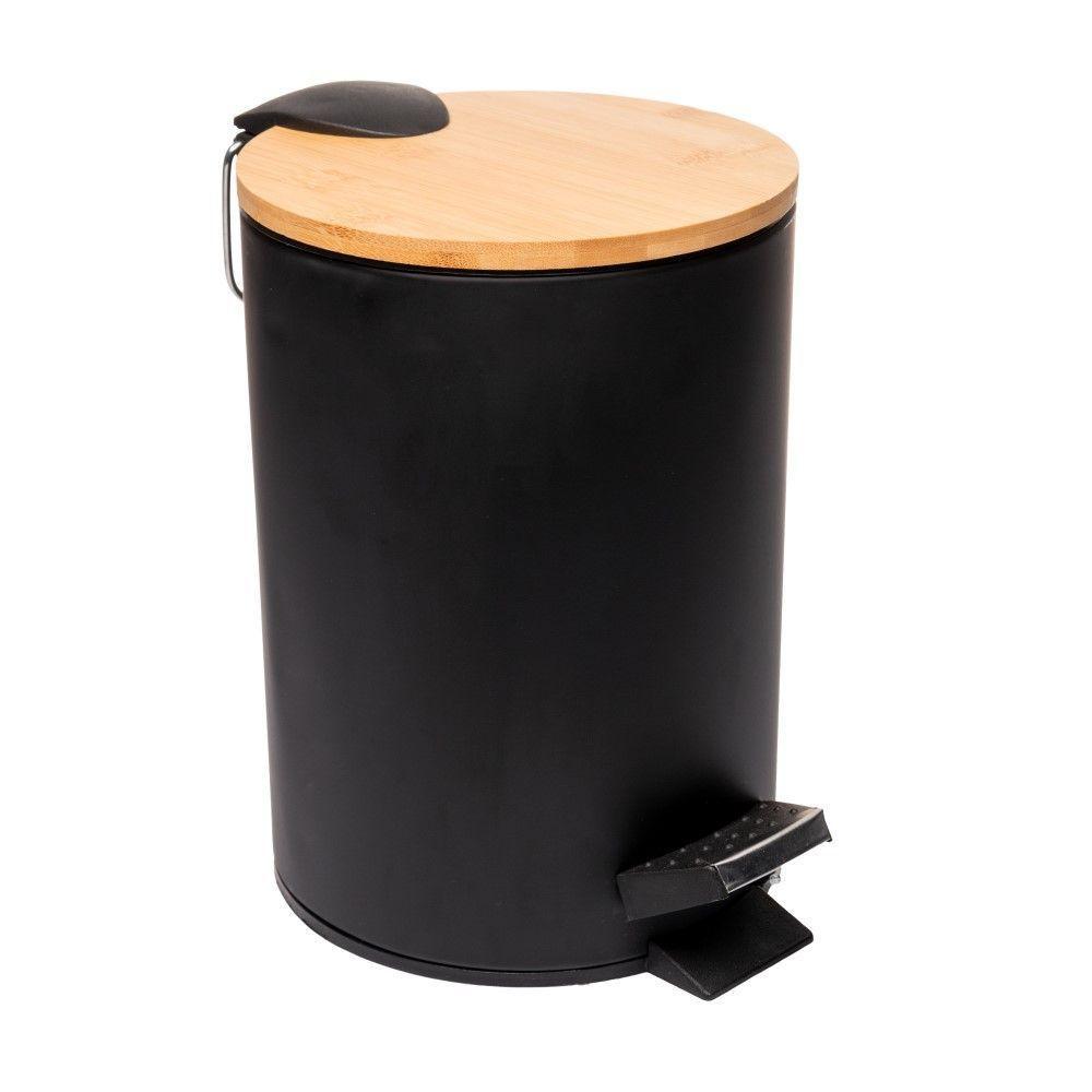 Lixeira 3l Redonda De Metal Com Pedal E Tampa Em Bambu Preta Lyor - 1