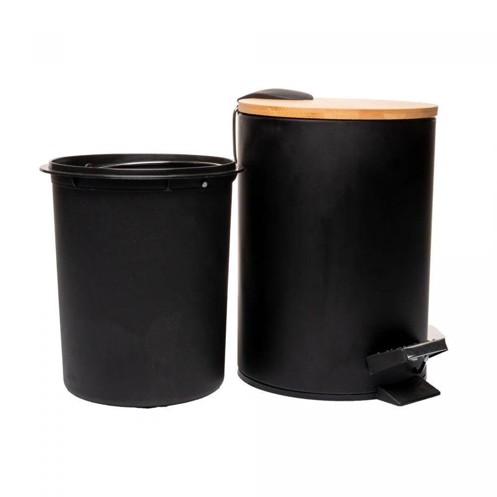 Lixeira 3l Redonda De Metal Com Pedal E Tampa Em Bambu Preta Lyor - 4