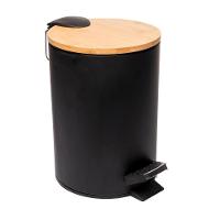 Lixeira 3l Redonda De Metal Com Pedal E Tampa Em Bambu Preta Lyor - 1