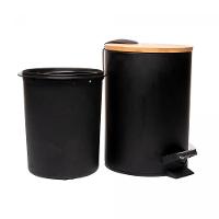Lixeira 3l Redonda De Metal Com Pedal E Tampa Em Bambu Preta Lyor - 4