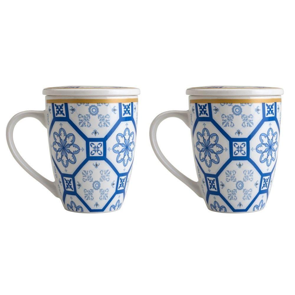 Kit 02 Canecas Para Chá De Porcelana Com Tampa 340 Ml Lyor - 1