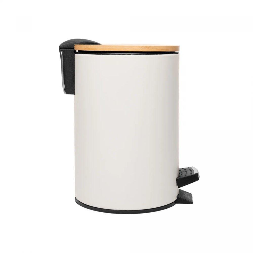 Lixeira 3l Redonda De Metal Com Pedal E Tampa Em Bambu Branca Lyor - 2