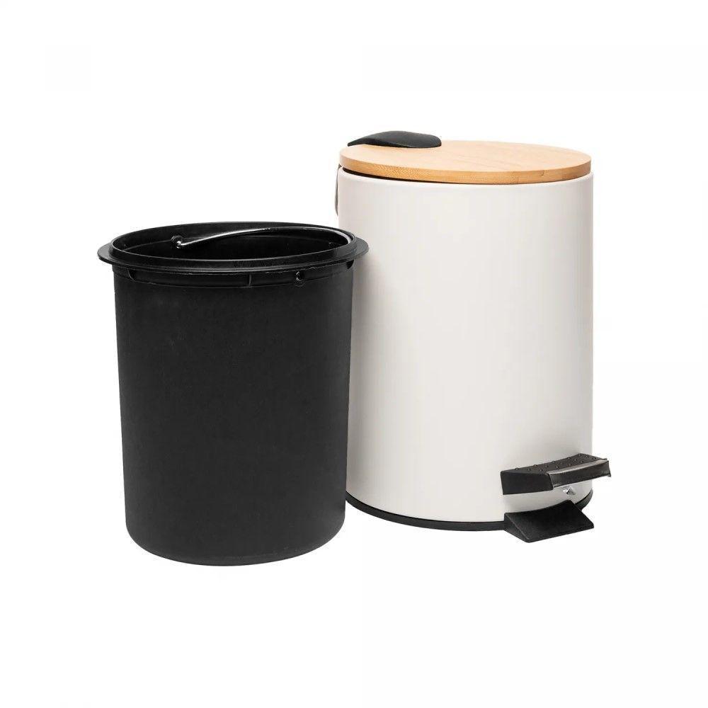 Lixeira 3l Redonda De Metal Com Pedal E Tampa Em Bambu Branca Lyor - 3