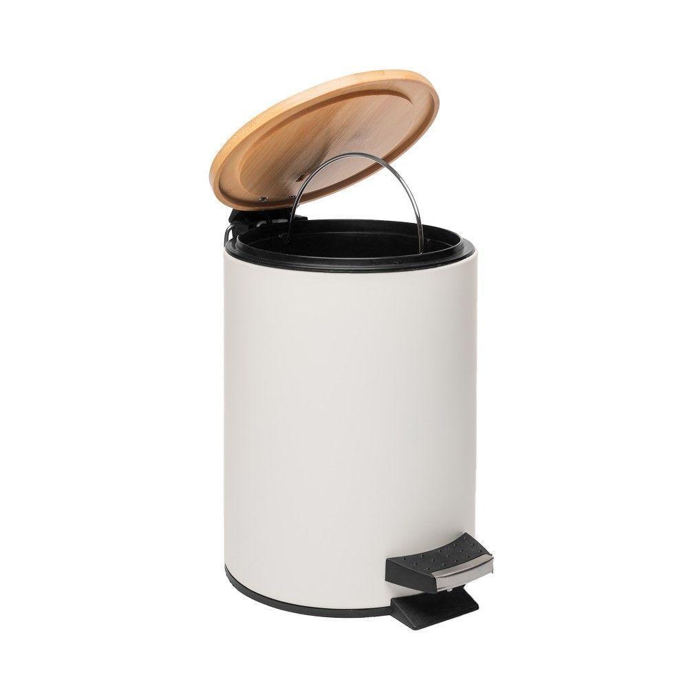 Lixeira 3l Redonda De Metal Com Pedal E Tampa Em Bambu Branca Lyor - 4