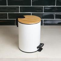 Lixeira 3l Redonda De Metal Com Pedal E Tampa Em Bambu Branca Lyor - 5