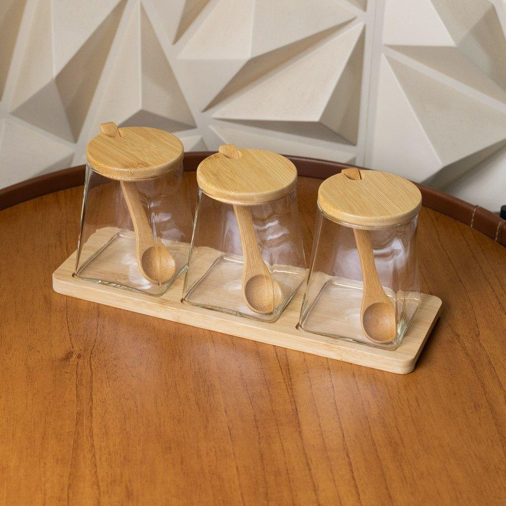 Conjunto 3 Potes 350 Ml Vidro Com Colher E Bandeja De Bambu Wolff - 6