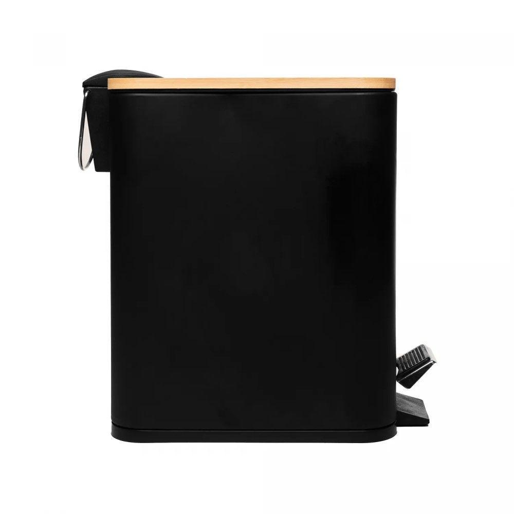 Lixeira 5l Retangular De Metal Com Pedal E Tampa Em Bambu Preta Lyor - 2