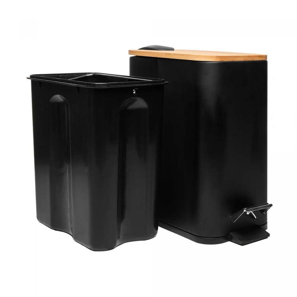 Lixeira 5l Retangular De Metal Com Pedal E Tampa Em Bambu Preta Lyor - 3