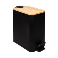 Lixeira 5l Retangular De Metal Com Pedal E Tampa Em Bambu Preta Lyor - 1