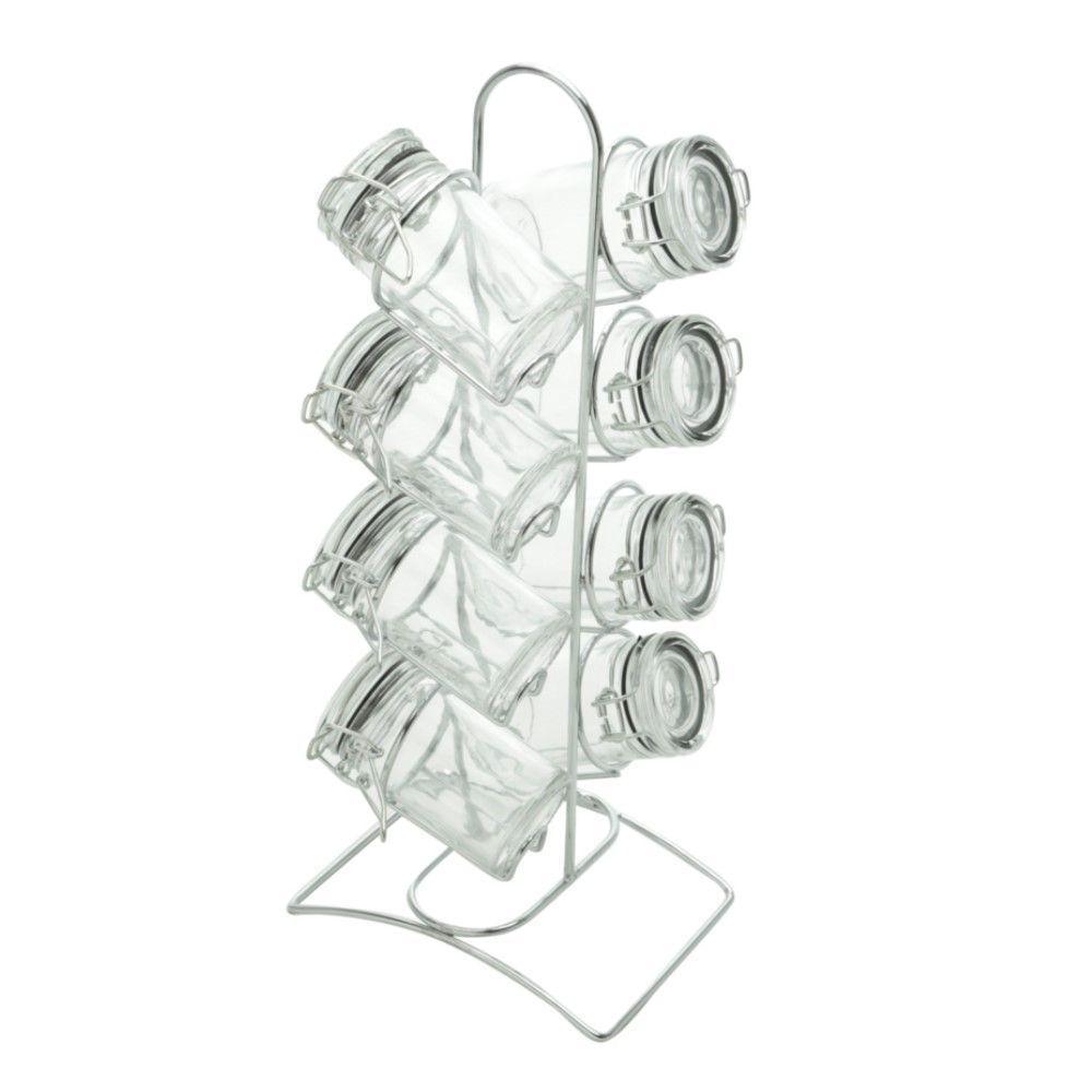 Porta Temperos 8 Peças De Vidro Com Tampa Hermética E Suporte De Metal Cromado Lyor - 1