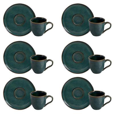 Conjunto de Xícara de Chá com Pires Bio Oceano Cerâmica Stoneware Verde Petróleo e Marrom Porto