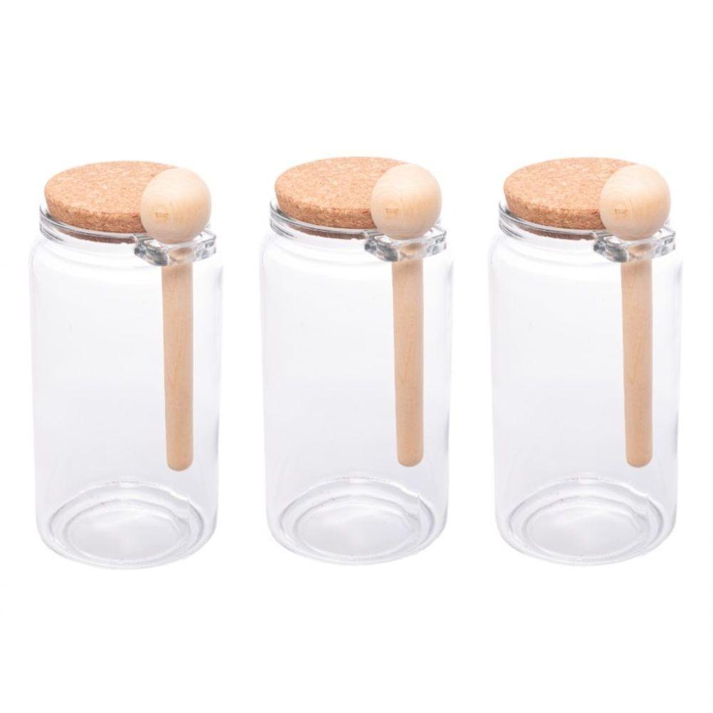 Kit 3 Porta Temperos Redondo 1 L Vidro Com Colher De Bambu E Tampa Rolha Lyor - 1