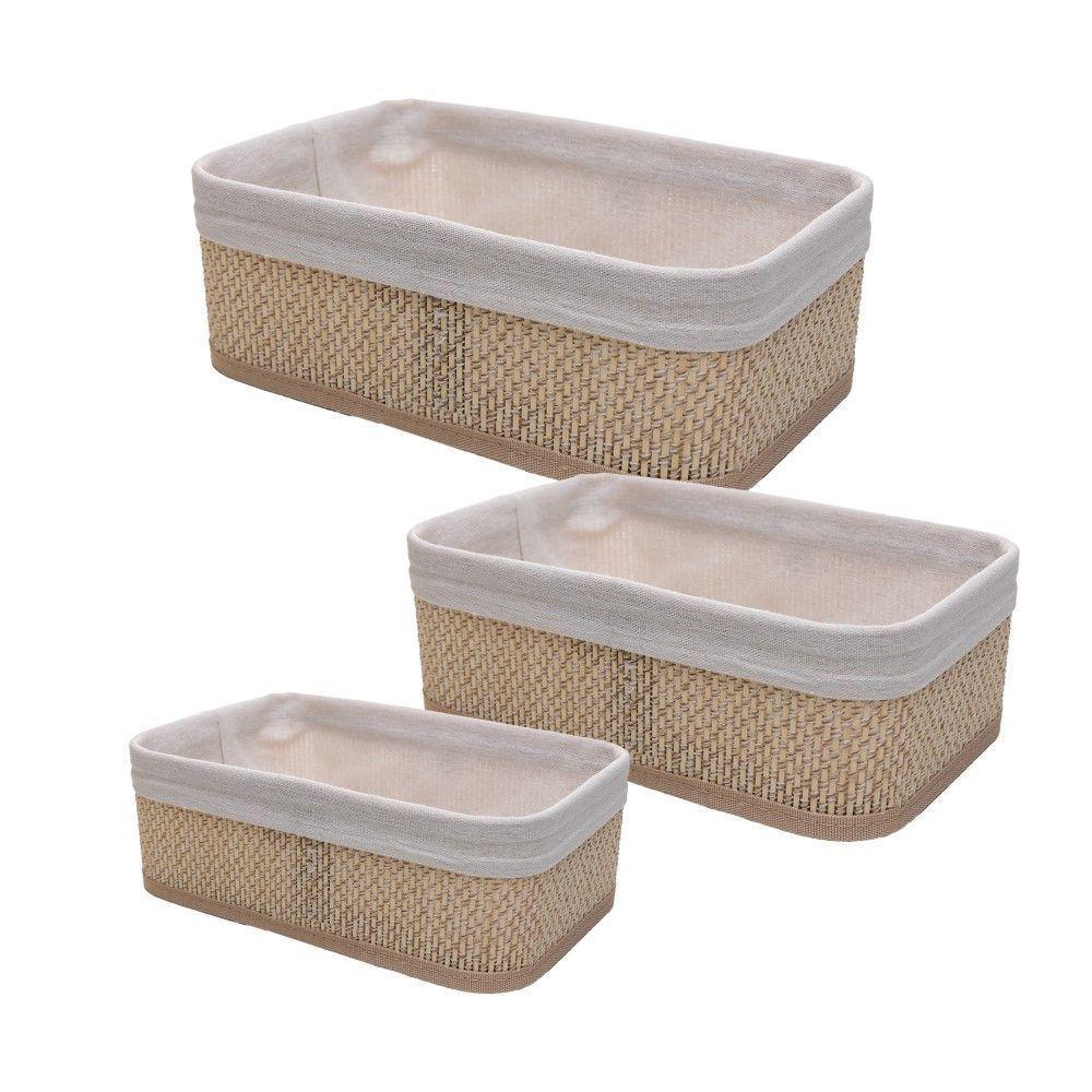 Conjunto 3 Cestos Retangulares De Bambu Com Forro Em Tecido Cozy Lyor - 1