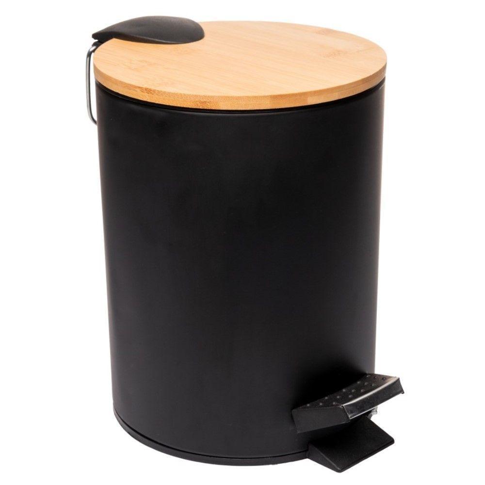 Lixeira 5l Redonda De Metal Com Pedal E Tampa Em Bambu Preta Lyor - 1