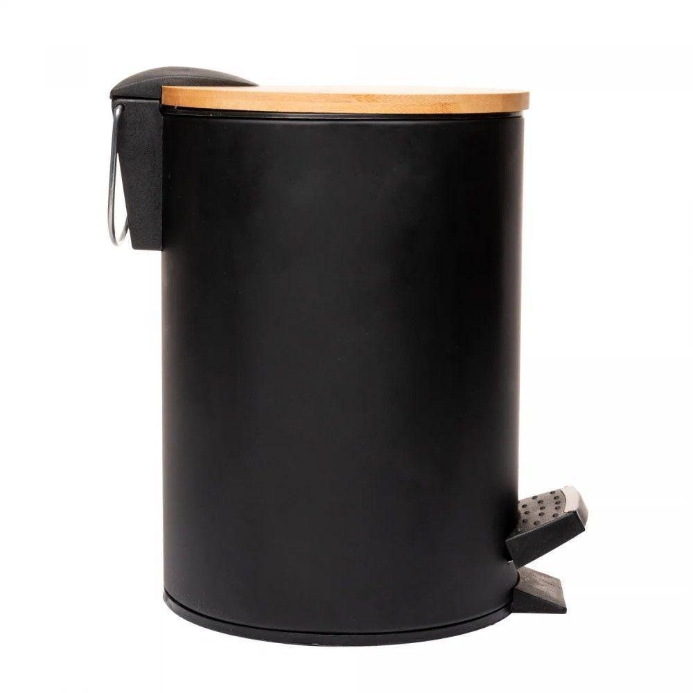 Lixeira 5l Redonda De Metal Com Pedal E Tampa Em Bambu Preta Lyor - 2