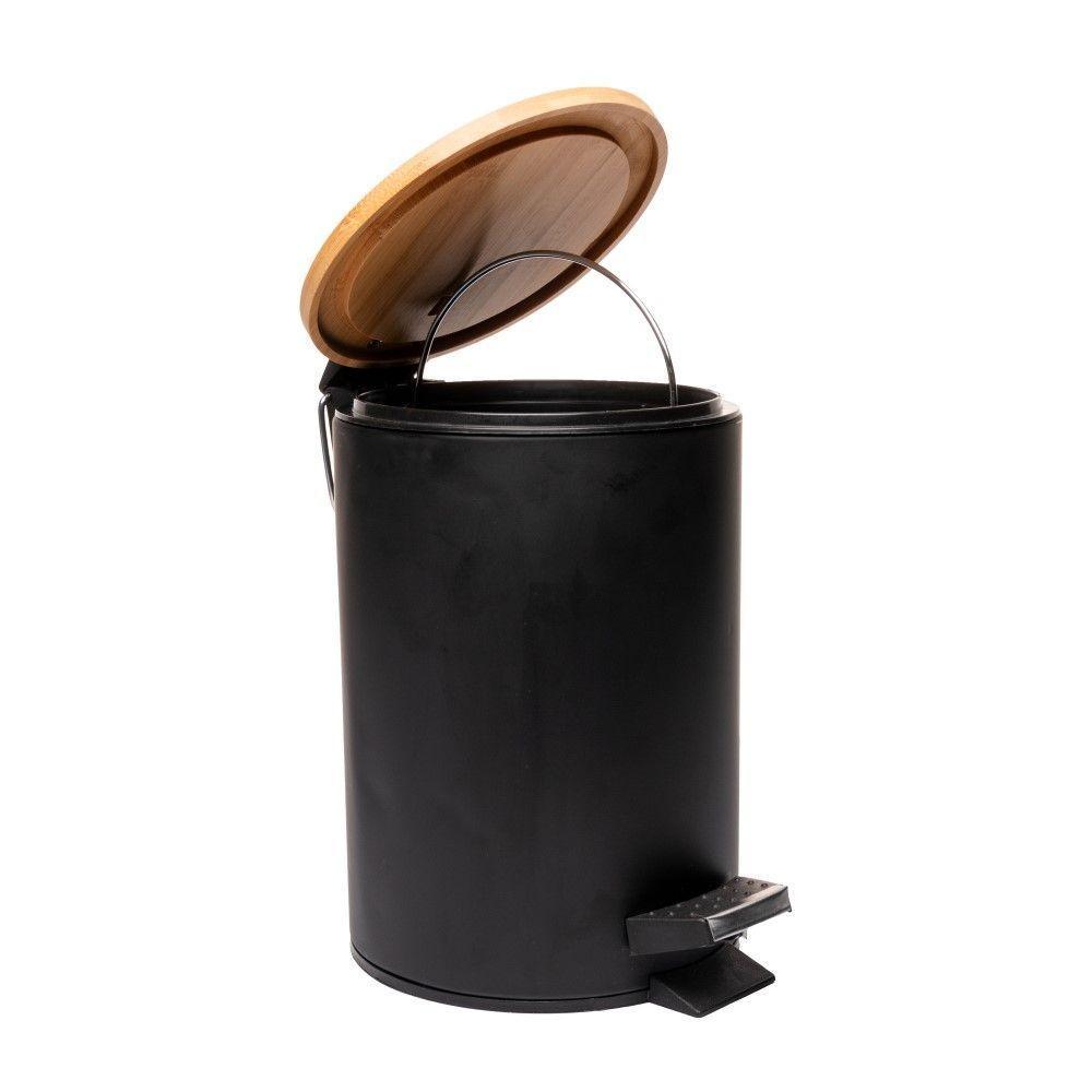 Lixeira 5l Redonda De Metal Com Pedal E Tampa Em Bambu Preta Lyor - 3