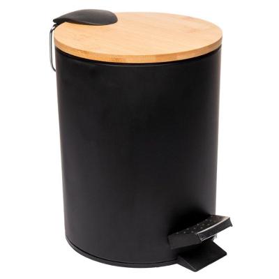 Lixeira 5l Redonda De Metal Com Pedal E Tampa Em Bambu Preta Lyor