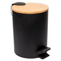 Lixeira 5l Redonda De Metal Com Pedal E Tampa Em Bambu Preta Lyor - 1