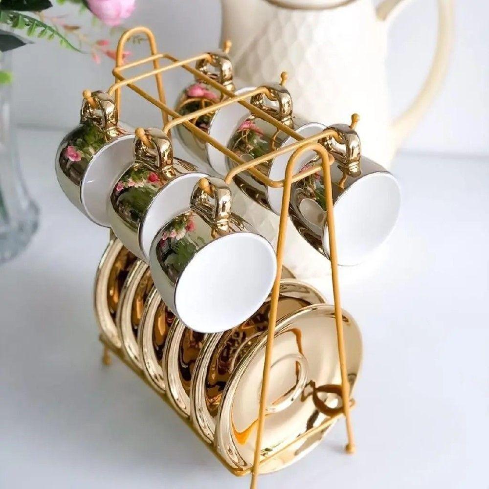 Conjunto De Xícara De Café 6 Peças De Porcelana Com Suporte Versa Dourado-branco 90 Ml Wolff - 6