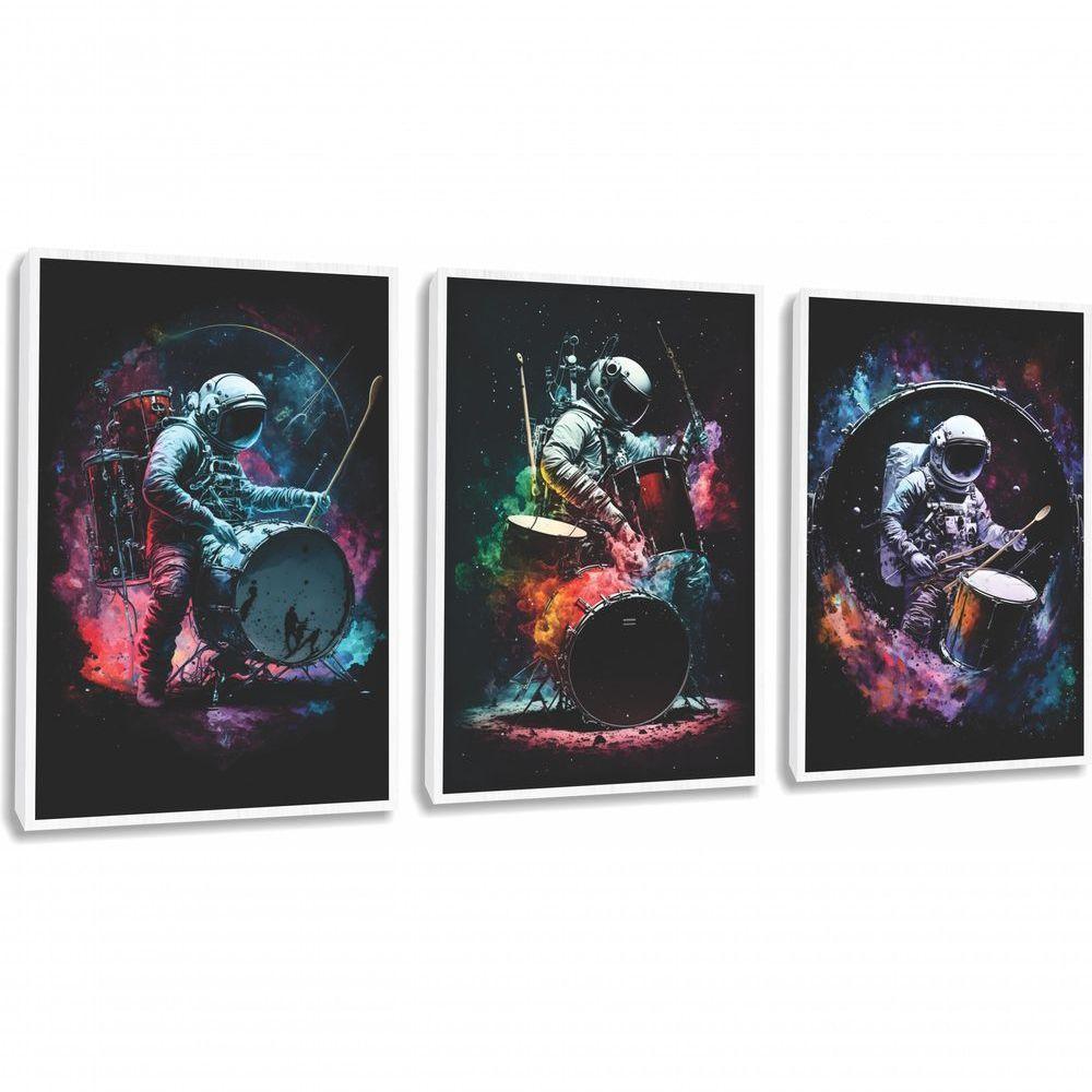 Quadro Decorativo Astronauta Tocando Bateria Rock Com Moldura Branco - 1