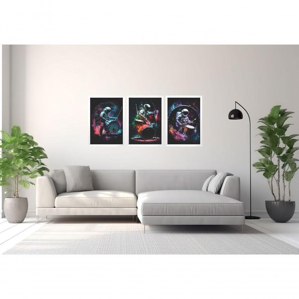 Quadro Decorativo Astronauta Tocando Bateria Rock Com Moldura Branco - 3