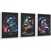 Quadro Decorativo Astronauta Tocando Bateria Rock Com Moldura Branco - 1