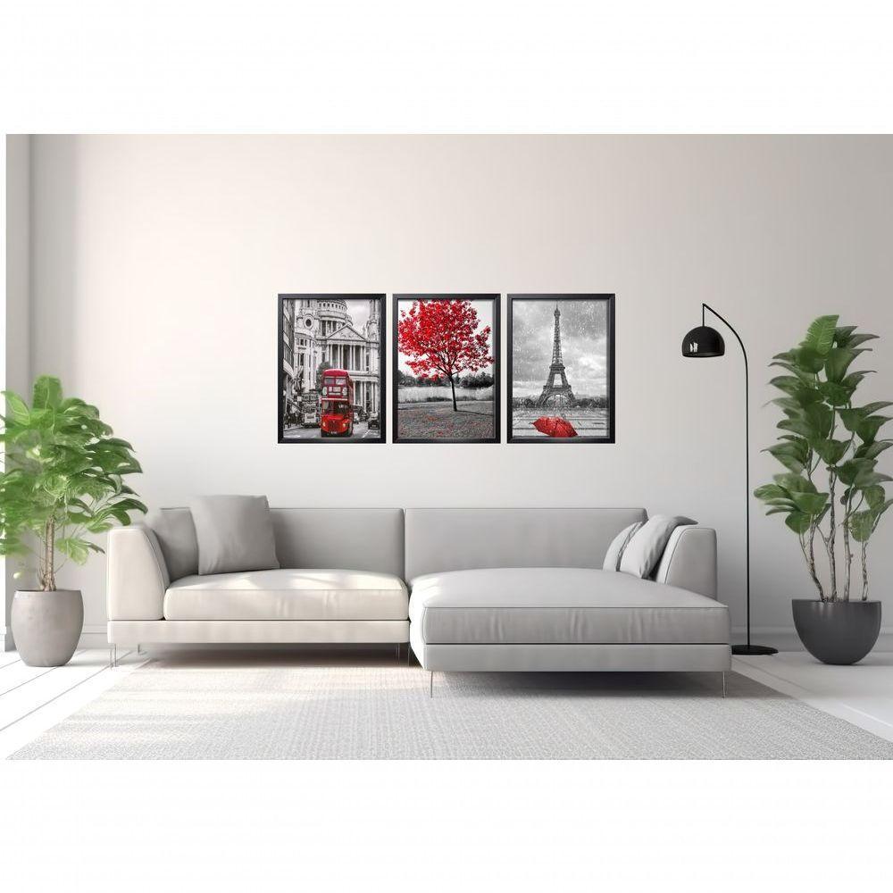 Quadro Londres árvore Da Vida Vermelha Paris Torre Eiffel Com Moldura Preto - 2