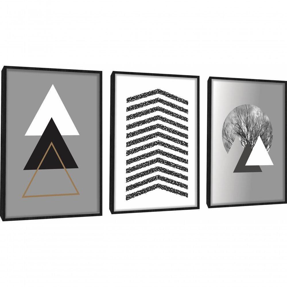 Quadro Decorativo Triângulos árvore Cinza Com Moldura Preto - 1