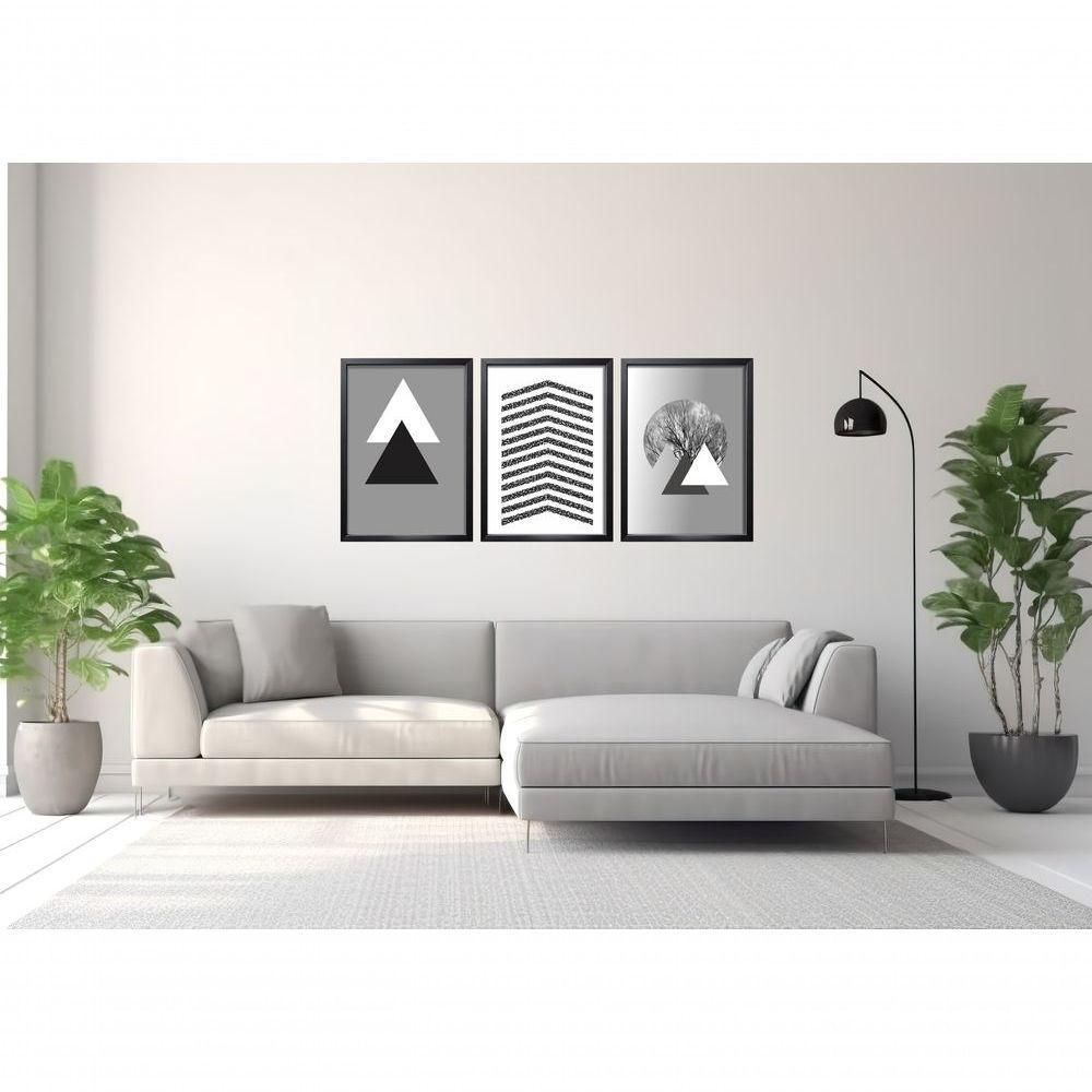 Quadro Decorativo Triângulos árvore Cinza Com Moldura Preto - 2