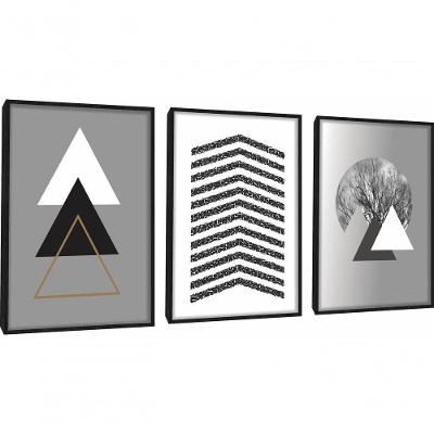 Quadro Decorativo Triângulos árvore Cinza Com Moldura Preto