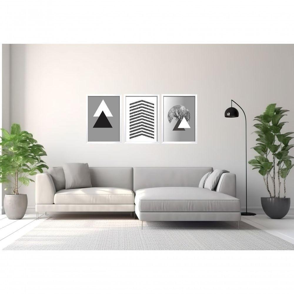 Quadro Decorativo Triângulos árvore Cinza Com Moldura Branco - 2