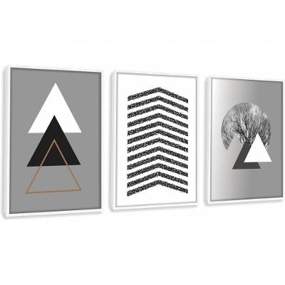 Quadro Decorativo Triângulos árvore Cinza Com Moldura Branco