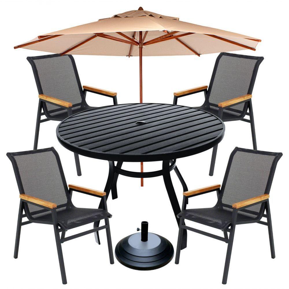 Kit 4 Cadeiras Alumínio + 1 Mesa Ripada ø120cm Com Guarda Sol Piscina Jardim Preto - 1