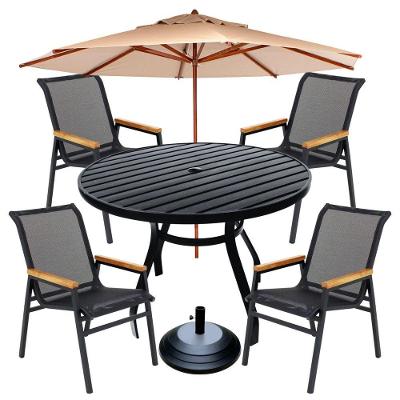 Kit 4 Cadeiras Alumínio + 1 Mesa Ripada ø120cm Com Guarda Sol Piscina Jardim Preto