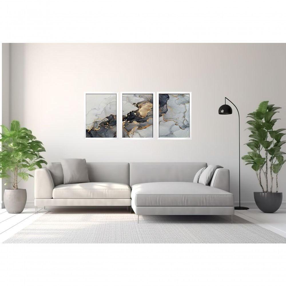 Quadro Decorativo Elegante Mármore Dourado Com Moldura Branco - 1