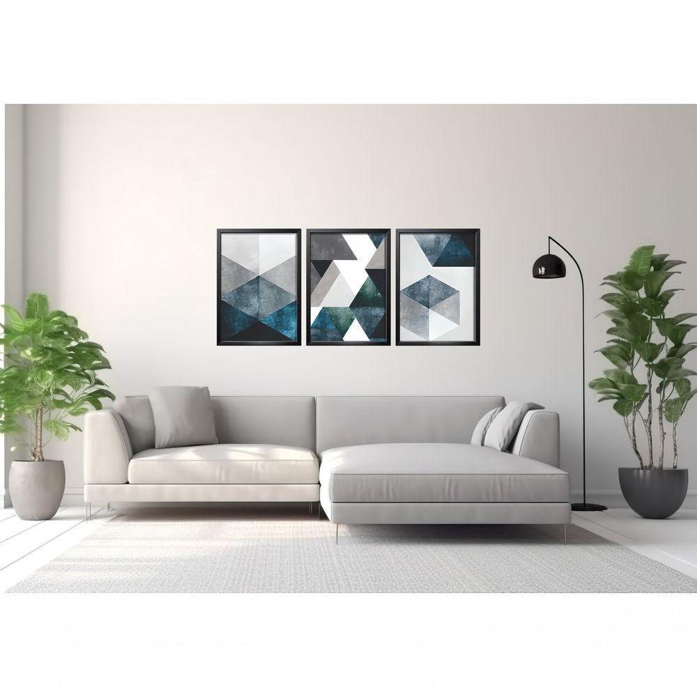 Quadro Decorativo Abstrato Tons Azuis E Cinza Geométricos Com Moldura Preto - 3