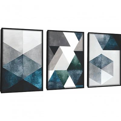 Quadro Decorativo Abstrato Tons Azuis E Cinza Geométricos Com Moldura Preto