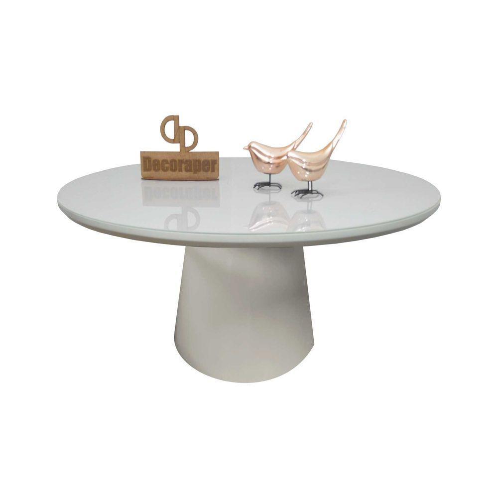 Mesa De Centro Com Vidro 80cm E Base Cone Laqueada Off White 40cm - 1