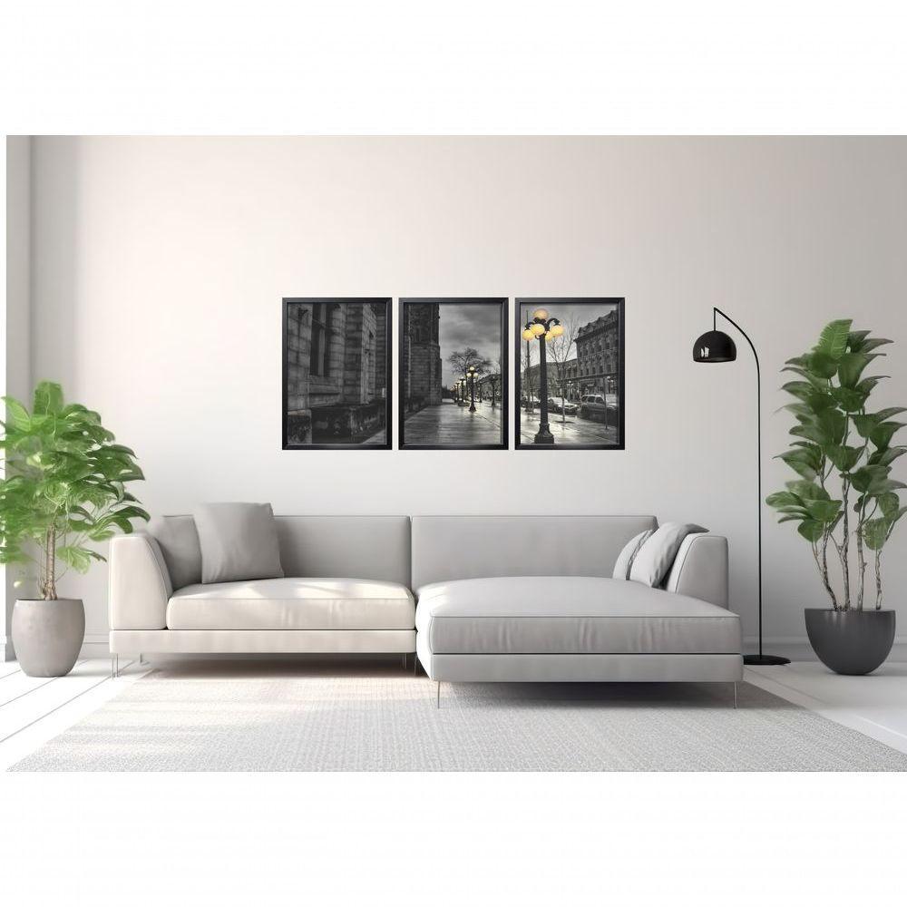 Quadros Decorativos Cidade Tons De Cinza Com Moldura Preto - 2