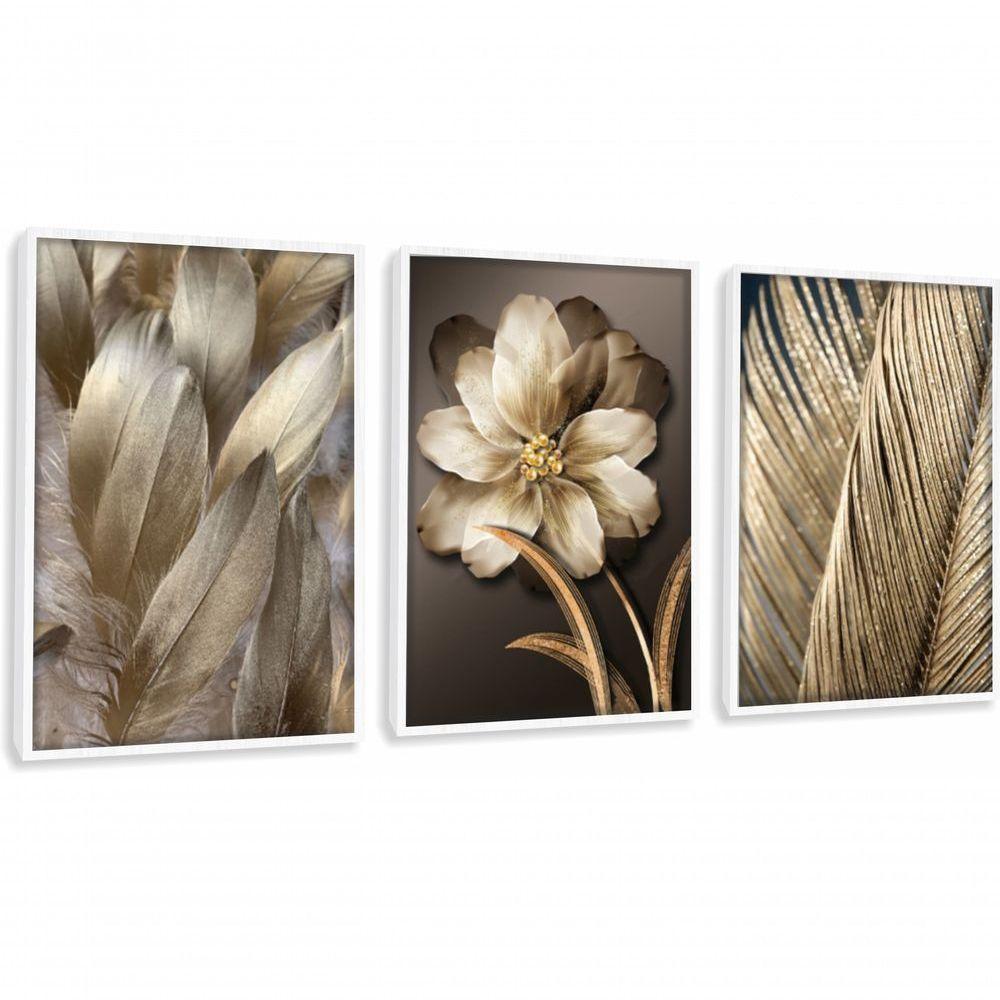 Quadro Decorativo Flor Com Pena Dourada Com Moldura Branco - 1