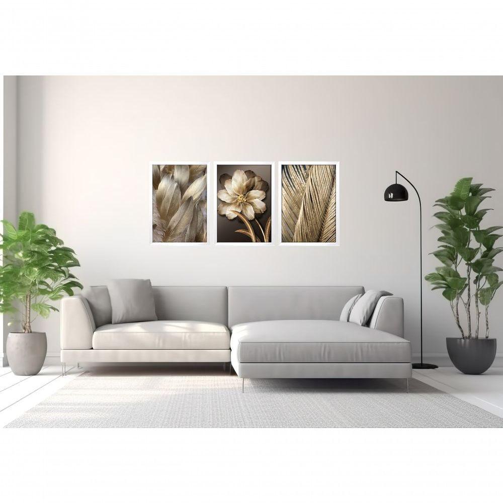 Quadro Decorativo Flor Com Pena Dourada Com Moldura Branco - 2
