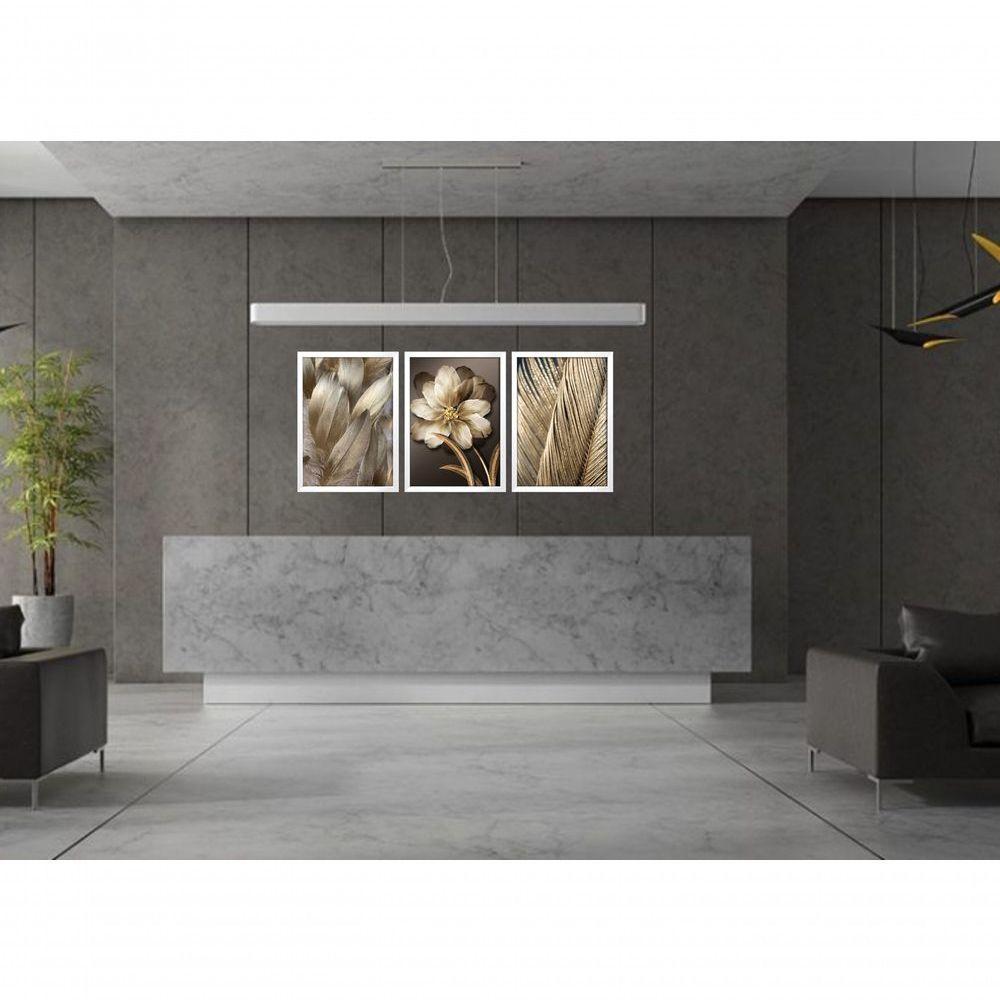 Quadro Decorativo Flor Com Pena Dourada Com Moldura Branco - 3