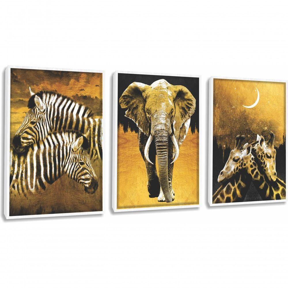 Quadro Decorativo Pintura Zebra, Elefante, Girafa Com Moldura Branco - 1