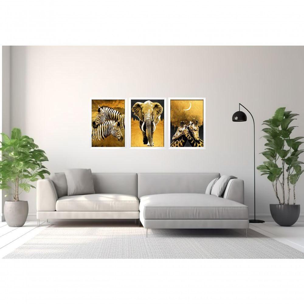 Quadro Decorativo Pintura Zebra, Elefante, Girafa Com Moldura Branco - 3
