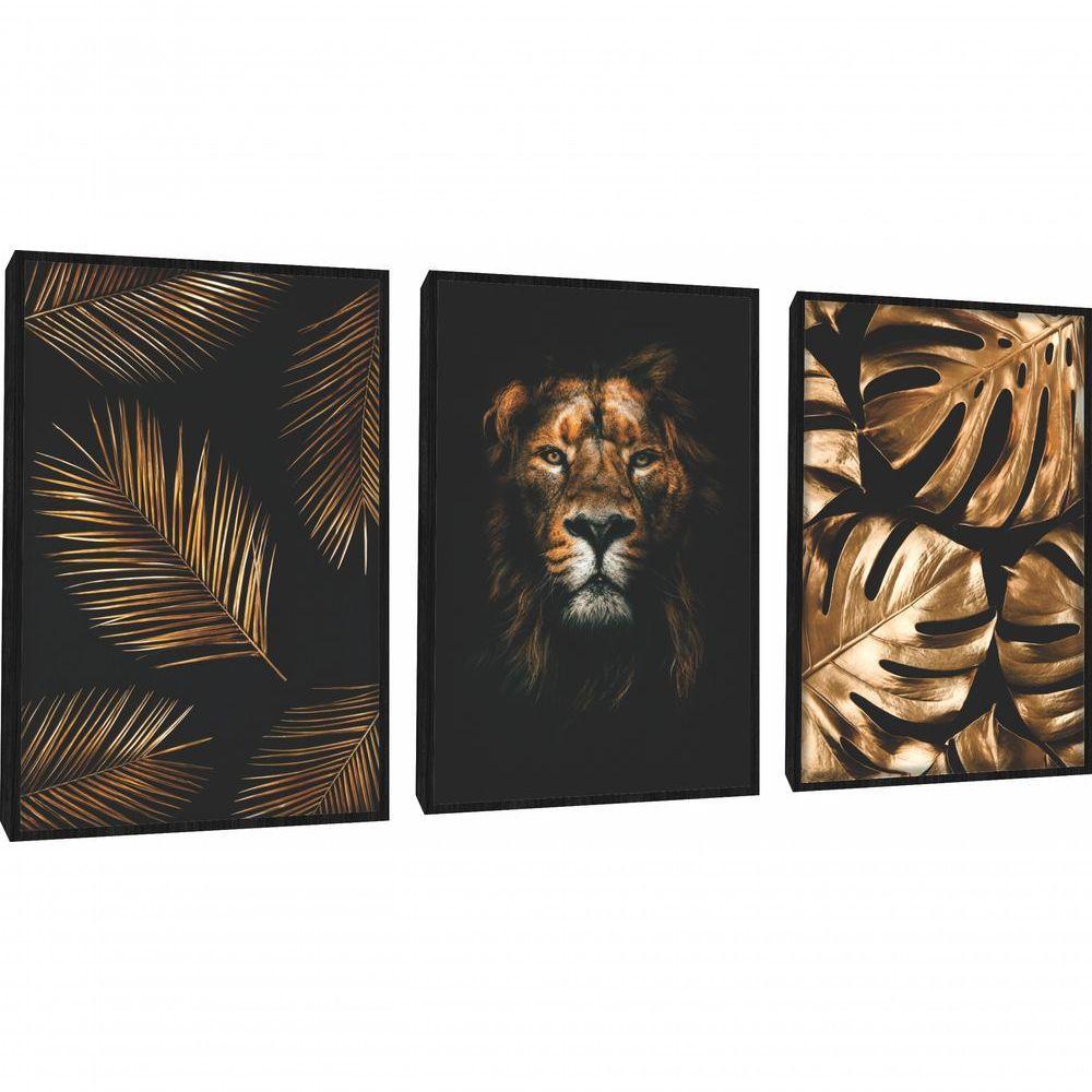Quadro Decorativo Folhagem Leão Dourada Com Moldura Preto - 1