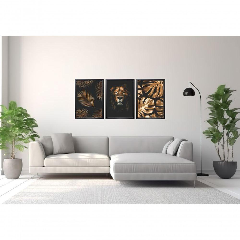 Quadro Decorativo Folhagem Leão Dourada Com Moldura Preto - 2