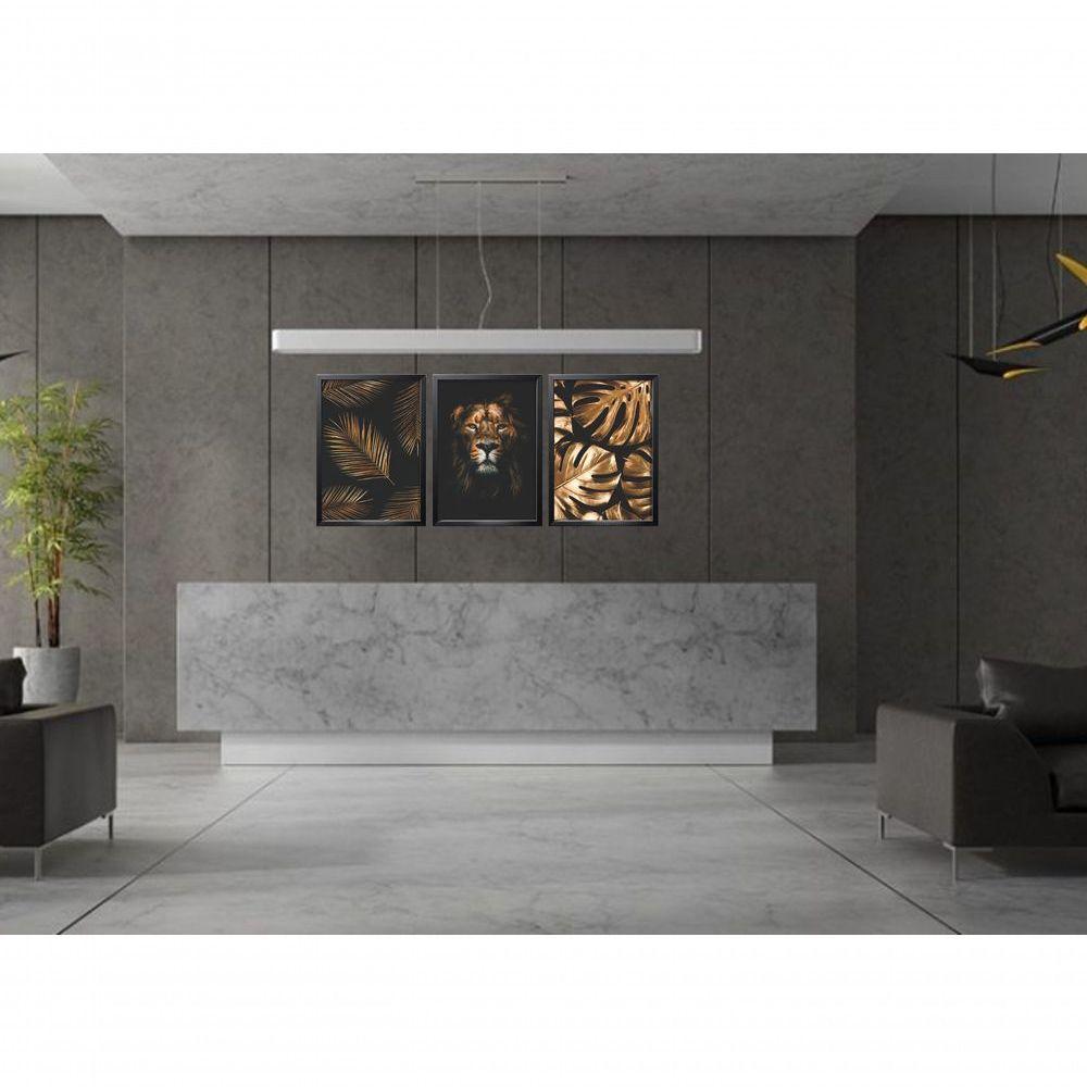 Quadro Decorativo Folhagem Leão Dourada Com Moldura Preto - 3