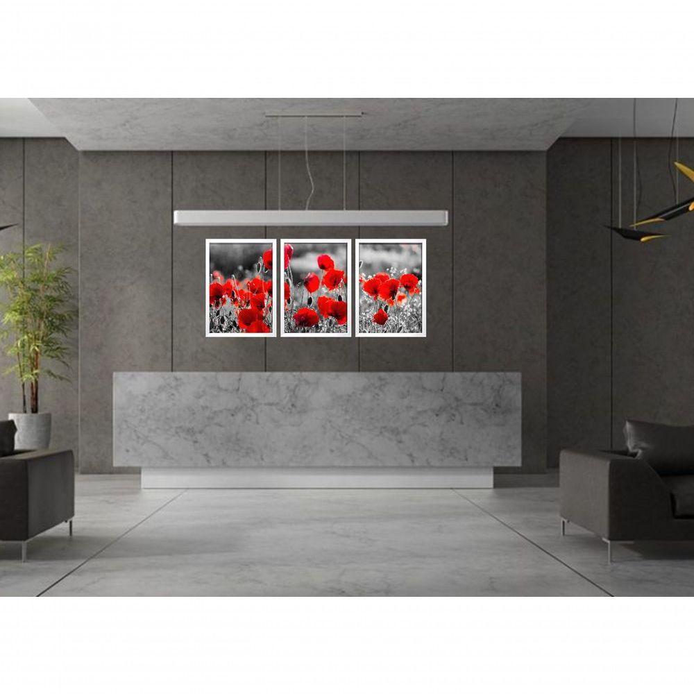 Quadro Decorativo Flor Vermelha Fundo Cinza Com Moldura Branco - 2