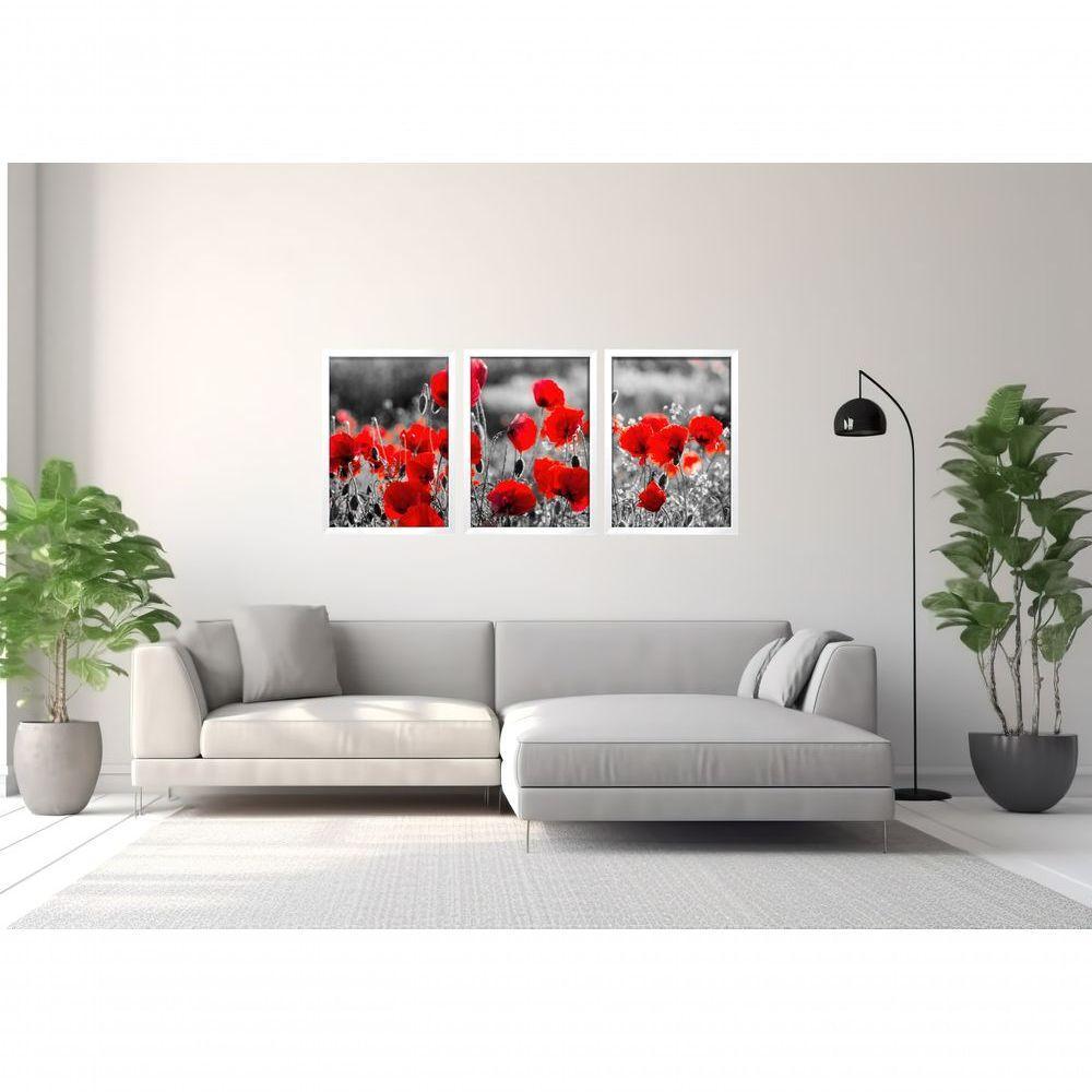 Quadro Decorativo Flor Vermelha Fundo Cinza Com Moldura Branco - 3